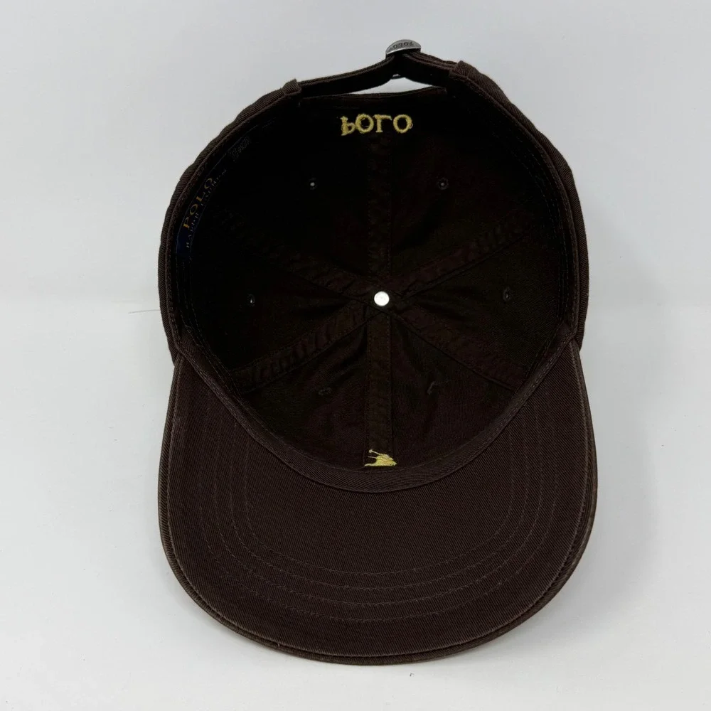 Polo Ralph Lauren Mens Brown Yellow Pony Logo Cotton Strapback Baseball Hat Cap